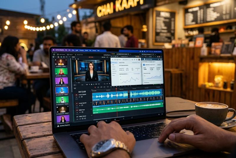 AI video ad creative editing timeline showing avatar assets and ad dashboard overlays - Digitalads Indore
