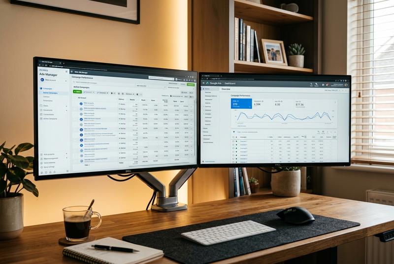 Meta and Google Ads performance marketing dashboards showing ROI - Digitalads Indore