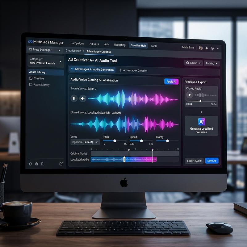Meta Advantage+ ads platform showing custom AI voice generation and image tools